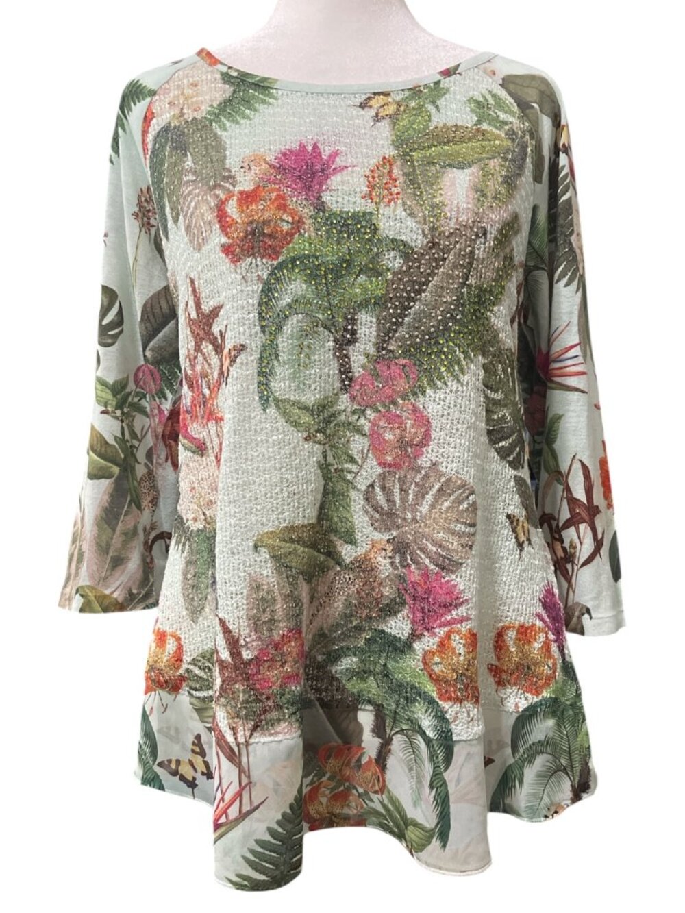 Green Tropical Floral Lightweight Sparkly Layered 3/4 Sleeve Tunic Top Blouse Lg